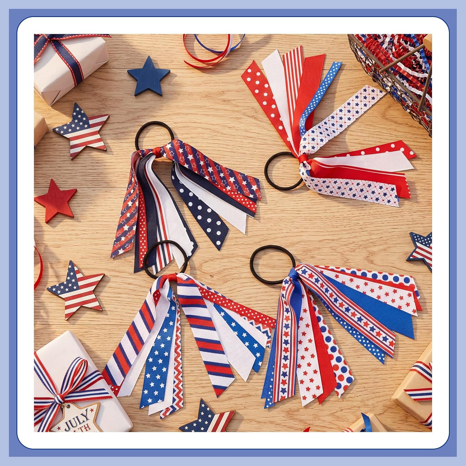8 Pcs Patriotic Fourth of July Hair Accessories Red White and Blue USA Ponytail