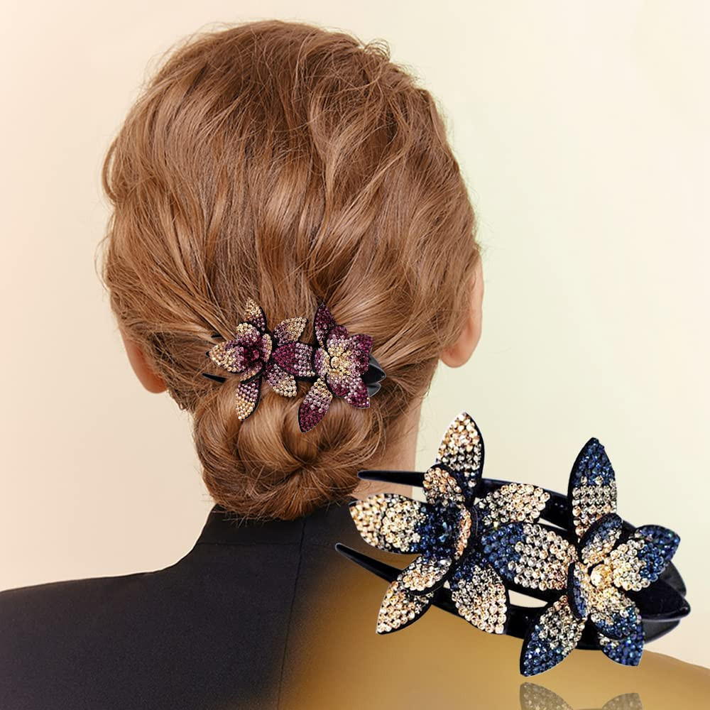 6 Pack Rhinestone Double Flower Hair Clip for Women Girls, Crystal Duckbill C…