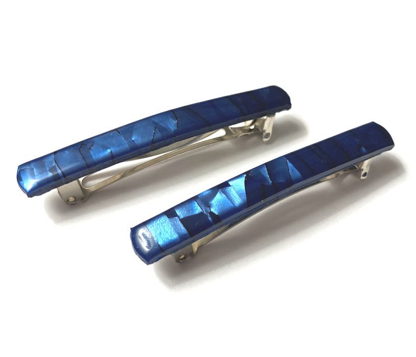 Women French Metal Hair Clip Pair Side Long Thin Blue Shiny New Made in France