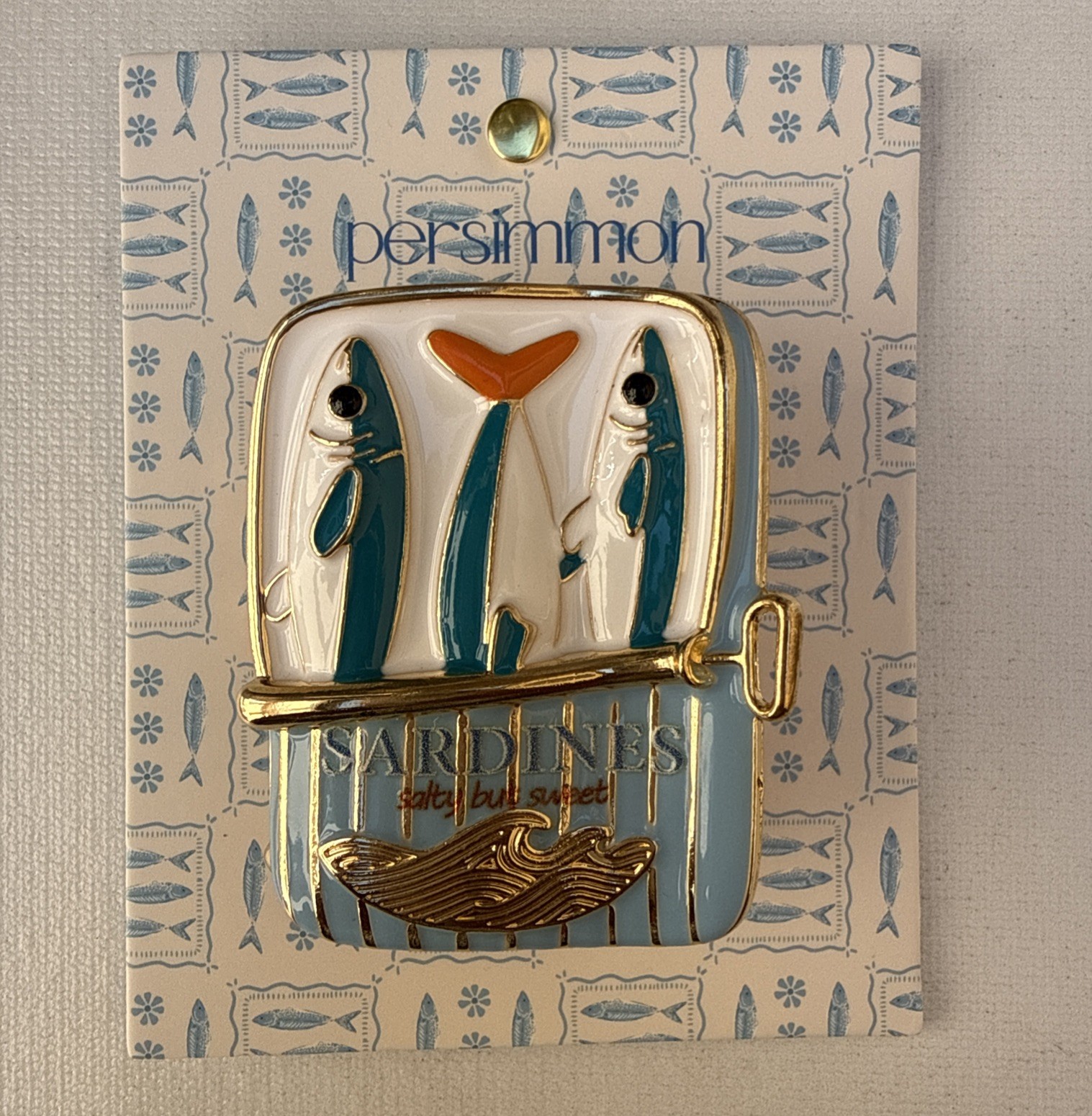 Persimmon Sardines Enamel Pin Brooch Salty But Sweet Fish Tin Gold Tone New