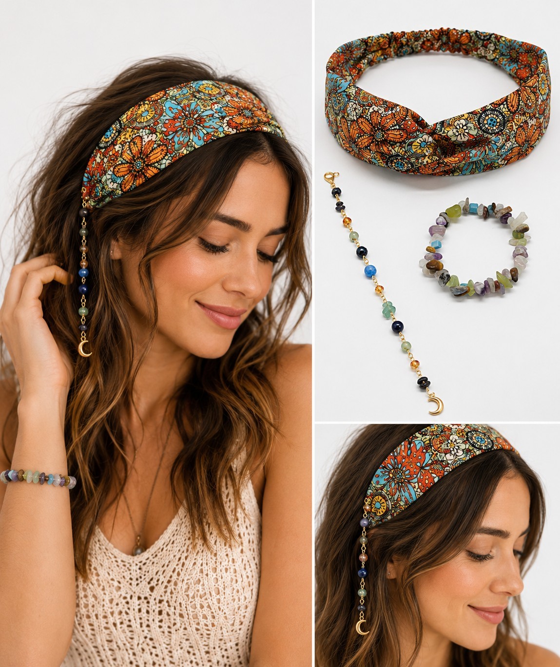 Boho Headband Hair Jewelry Bracelet Set Moon Charm Gemstone Festival Gift 3 Pc