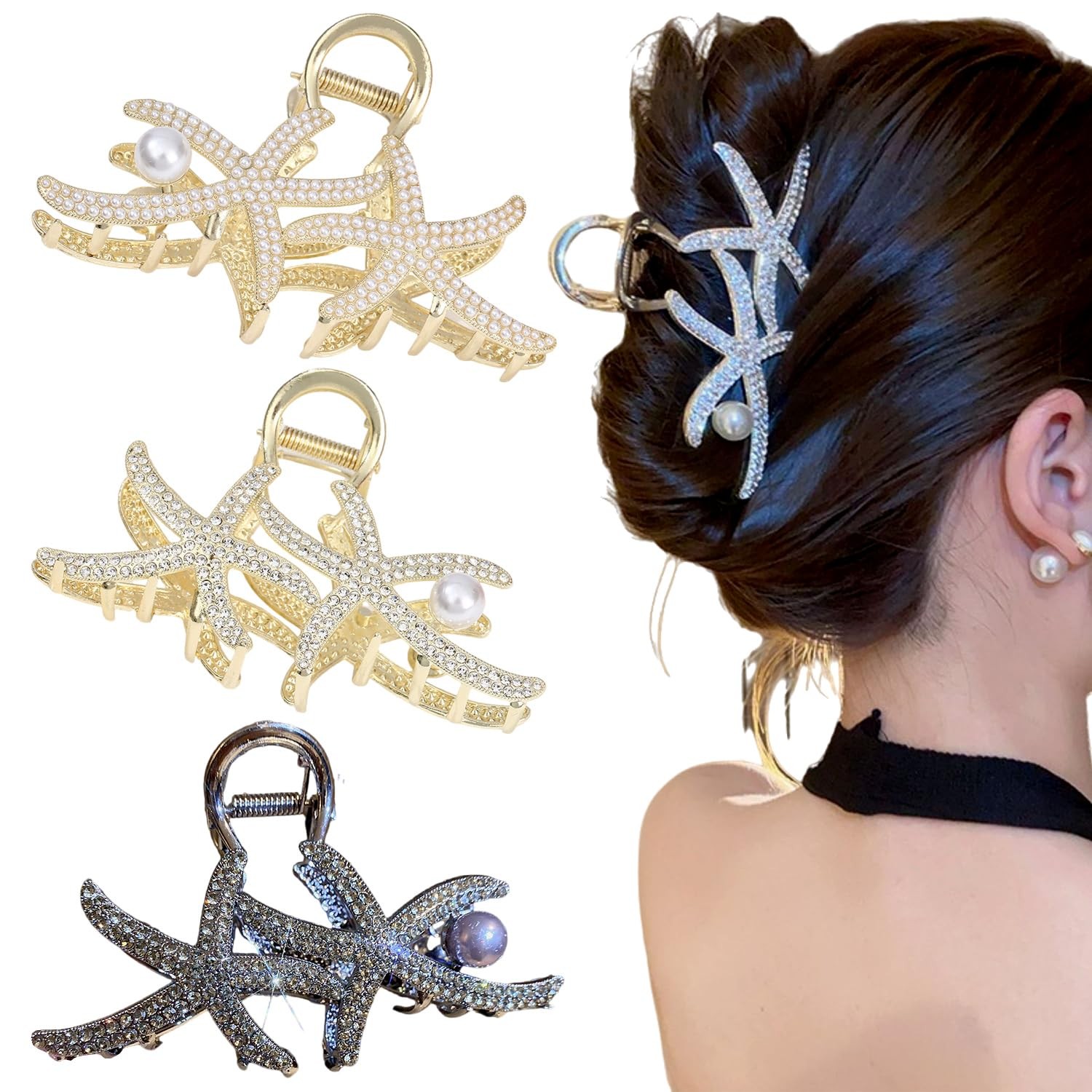 3pcs Crystal Rhinestone Pearl Double 1 Count (Pack of 3), Starfish
