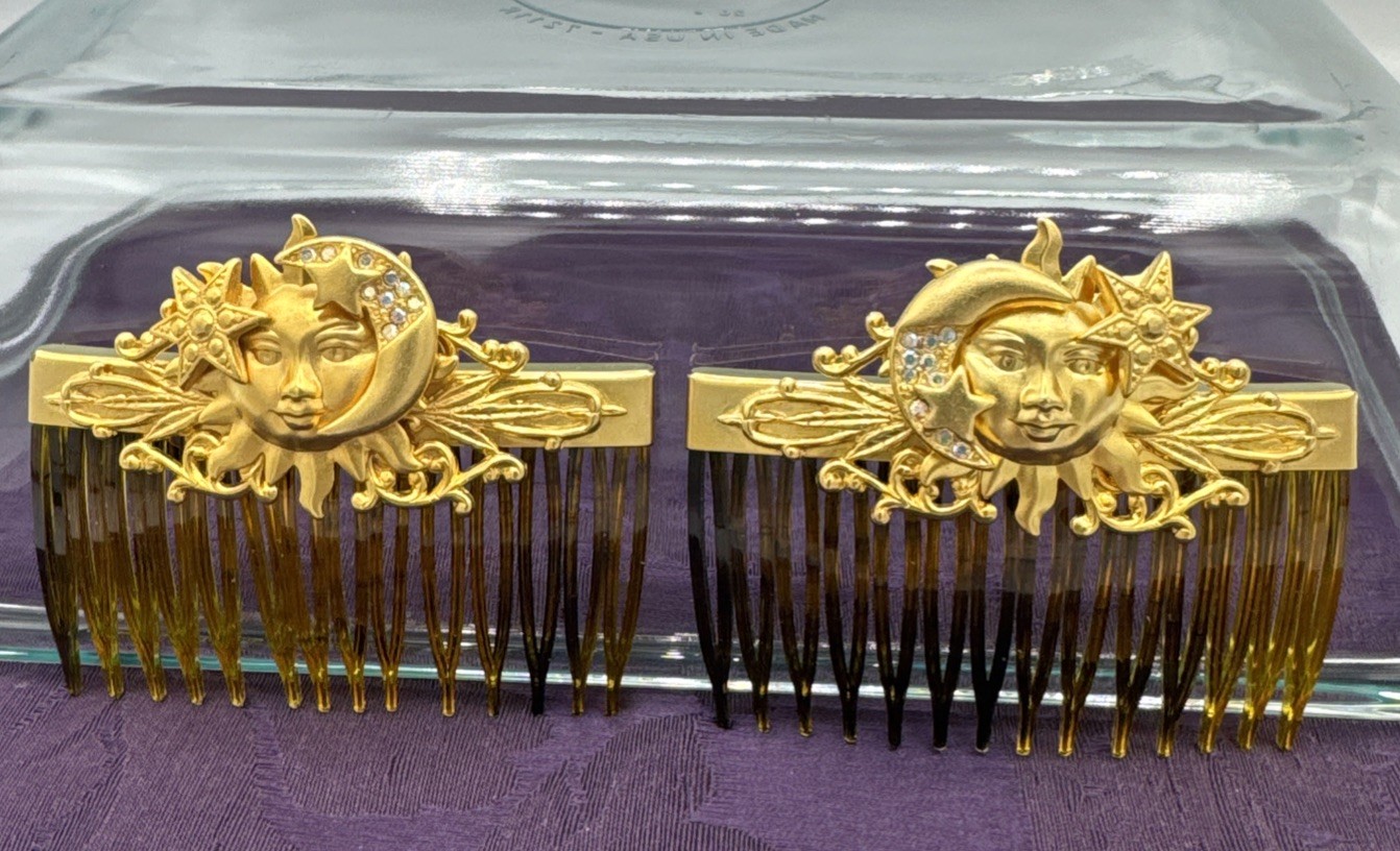 RARE Vintage Kirks Folly Gold Plated Celestial Hair Combs Sun Moon Star Design