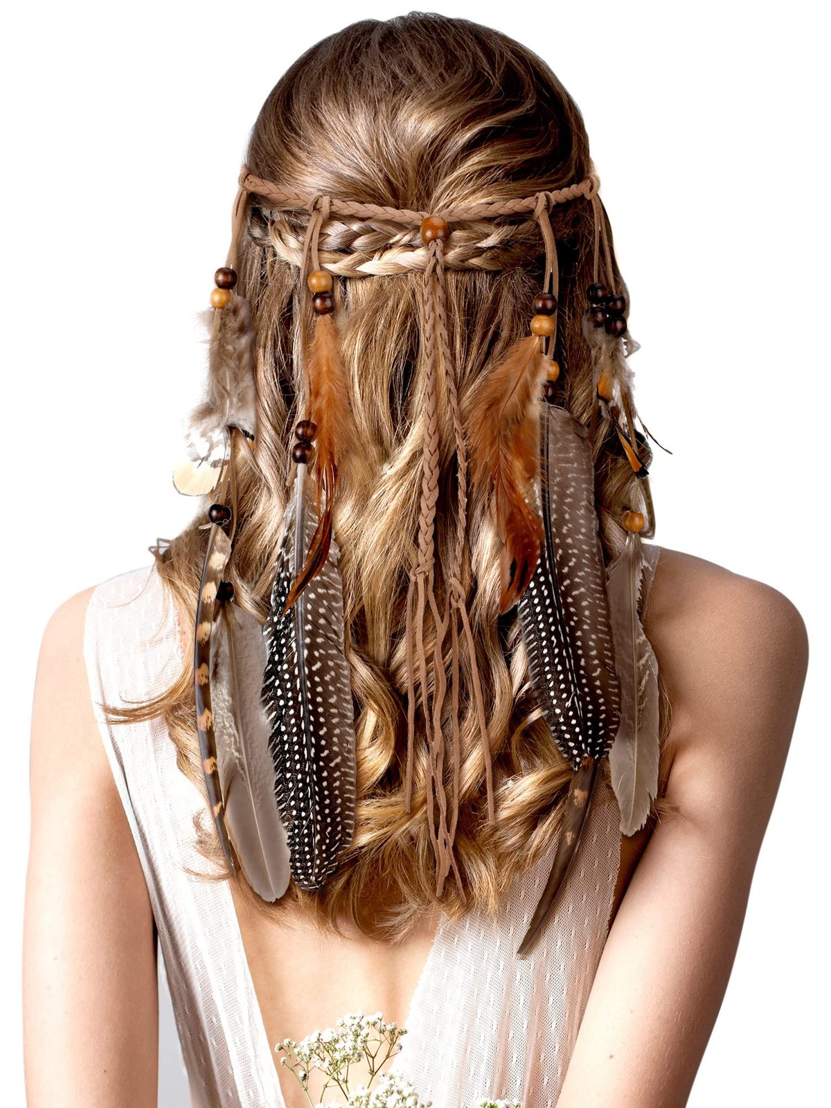 Feather Hippie Headband for Women Short Brown Indian Costume Hair Accessory