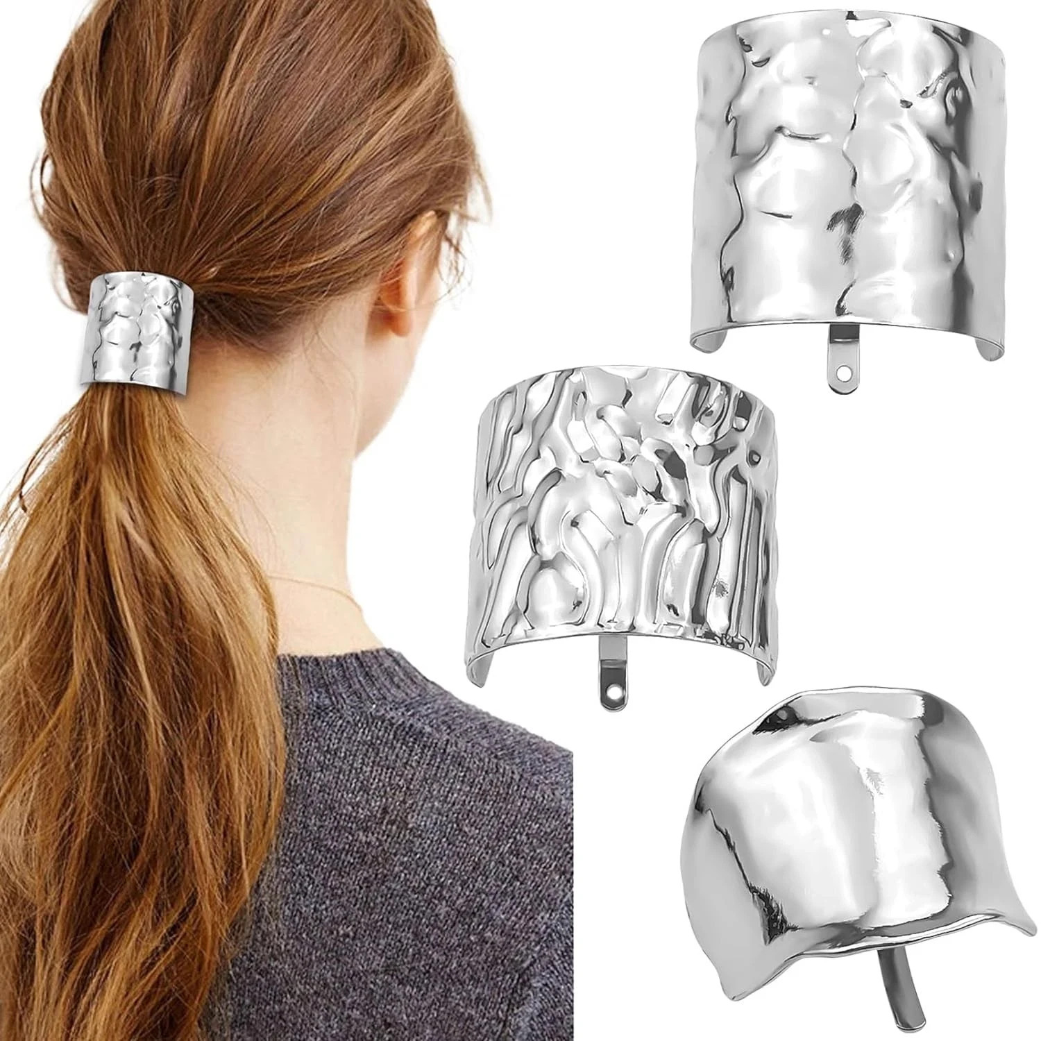3 Pcs Metal Hair Cuffs with Decorative Rings – Lava High Buckle Silver