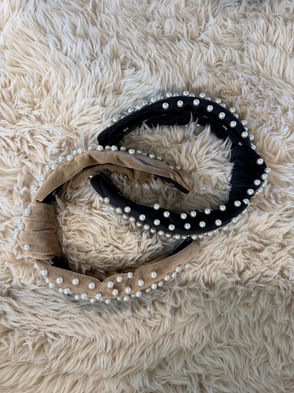 Lele Sadoughi Velvet Faux Pearl Knotted Headband Set Black & Tan