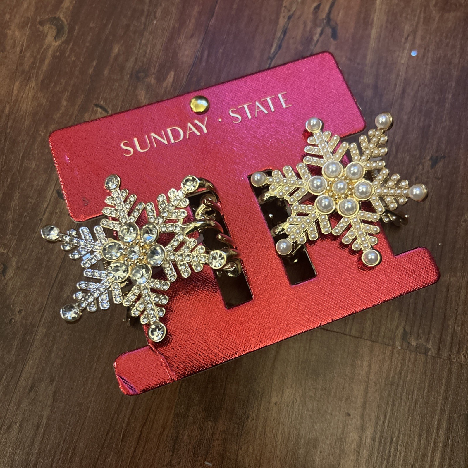 Sunday State 2 Snowflake Gold Metal Hair Clips Holiday Bling Rhinestone Pearl