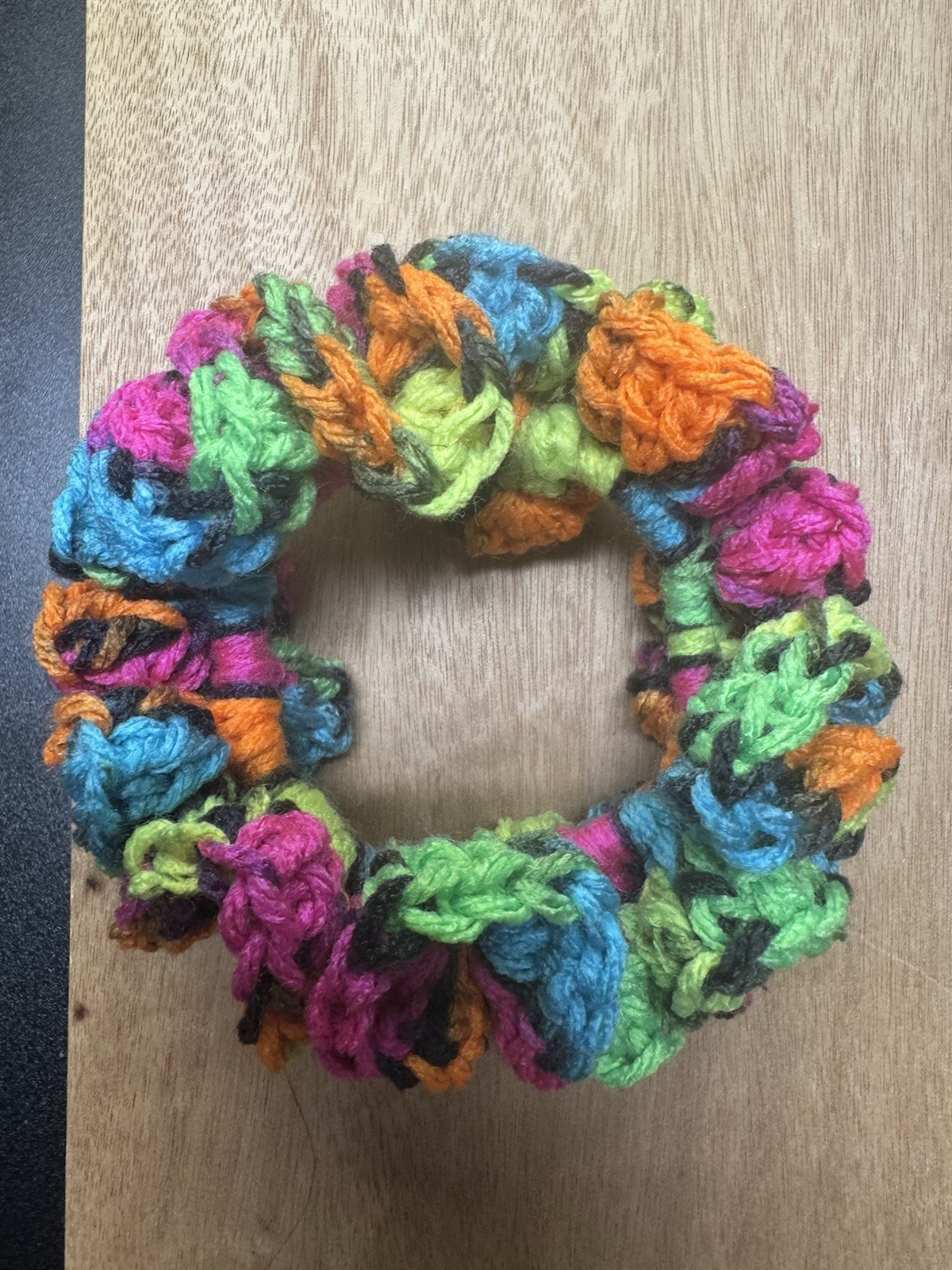 Homemade crochet multicolor yarn scrunchie colorful theme eco-friendly