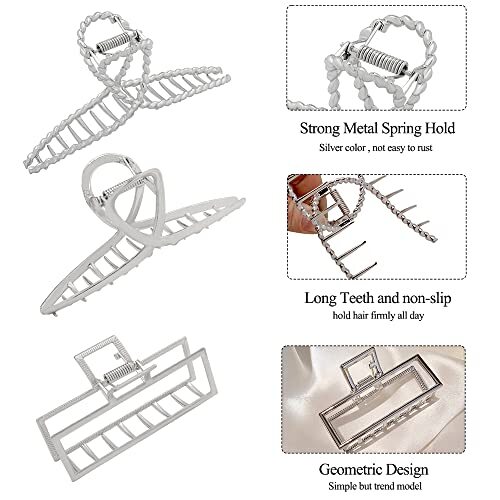 3pcs Hair Claw clips for Women, Metal Silver Large Hair clips for Thick Type D