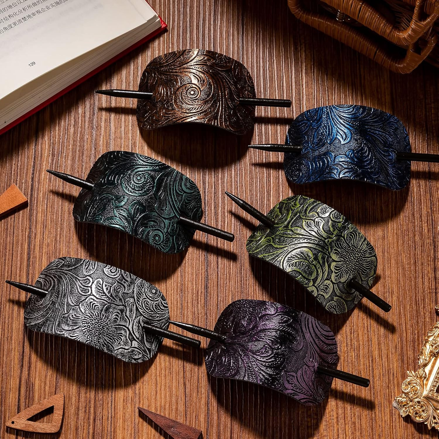 6PCS Leather Hair Barrettes with Stick, Square Shape Hair Accessories Set – Pony