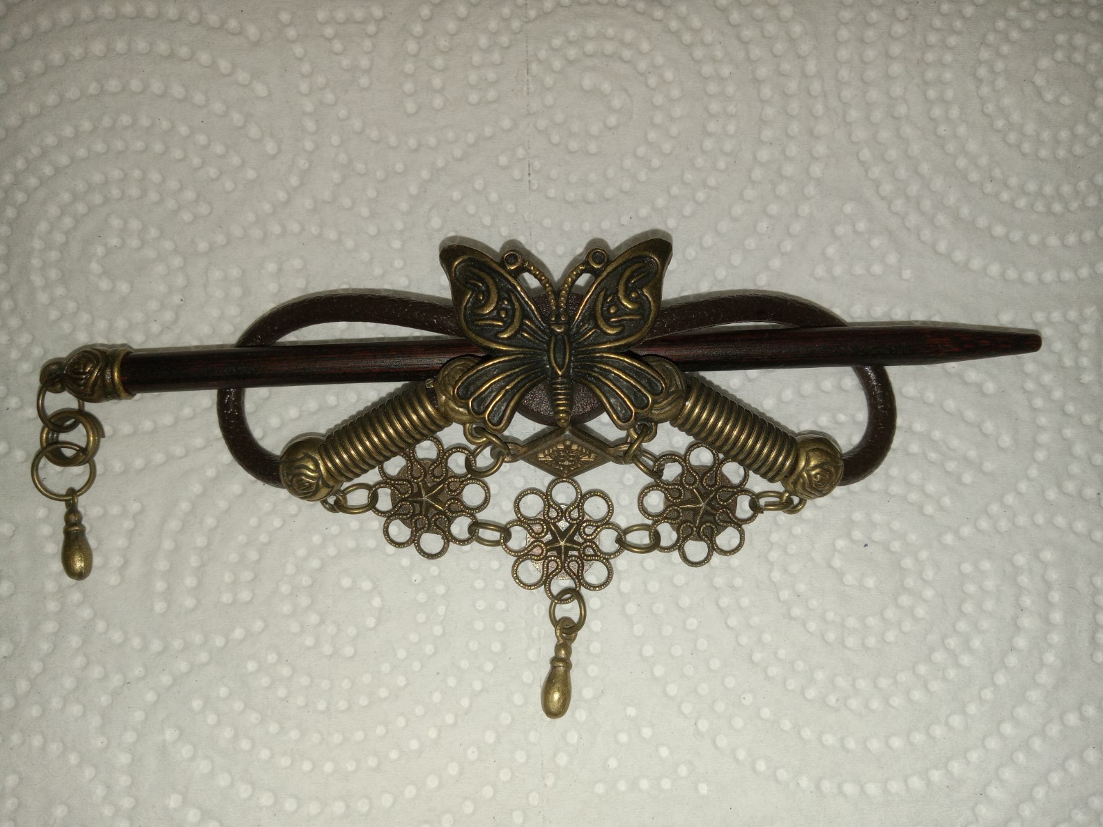 Vintage Butterfly Faux Leather Gold Tone Metal Hair Accessory W/ Hair Stick Y2K
