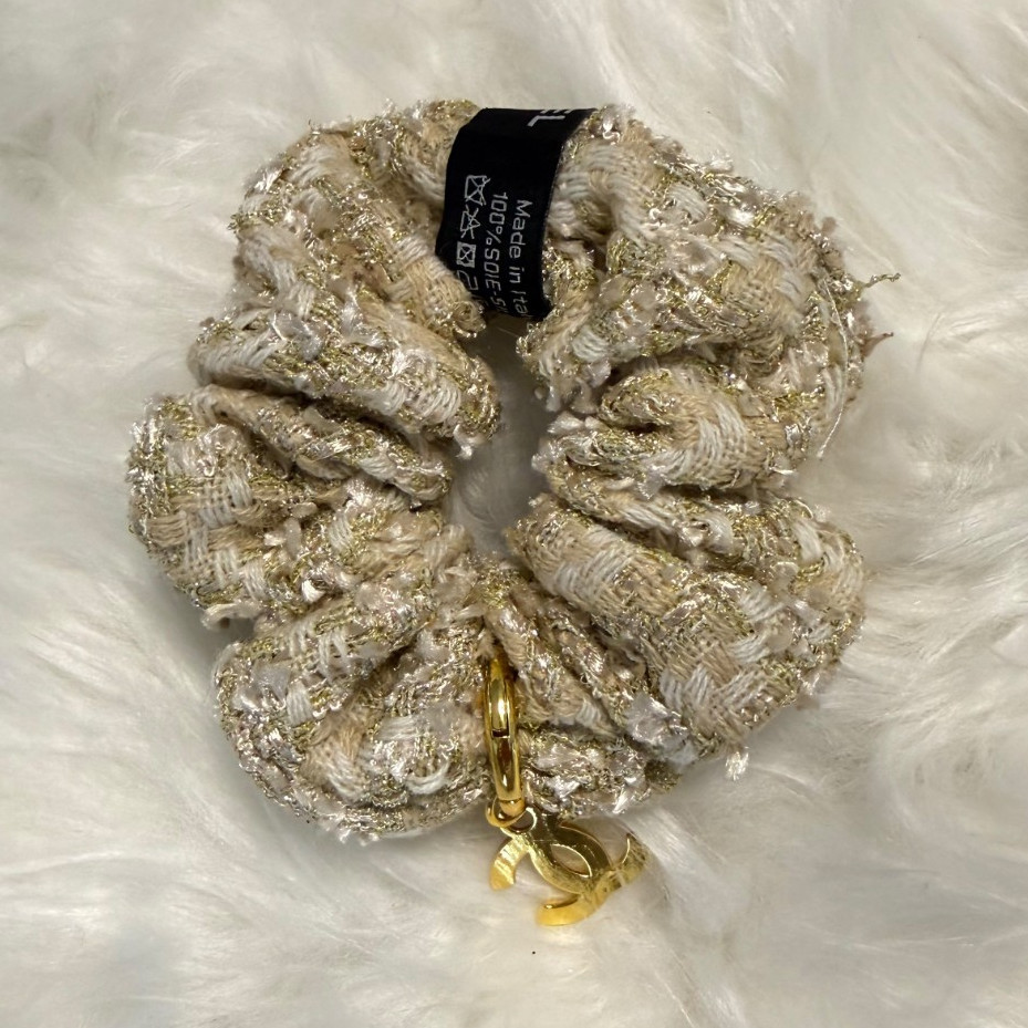Tweed Scrunchie Hair Tie, Beige/Gold Fabric with Logo Charm, Women