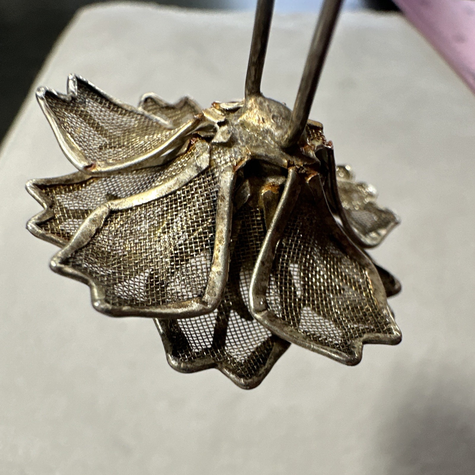 Silver Tone Metal Flower Hair Pin/Fork, Pearl Beaded Accents, Decorative