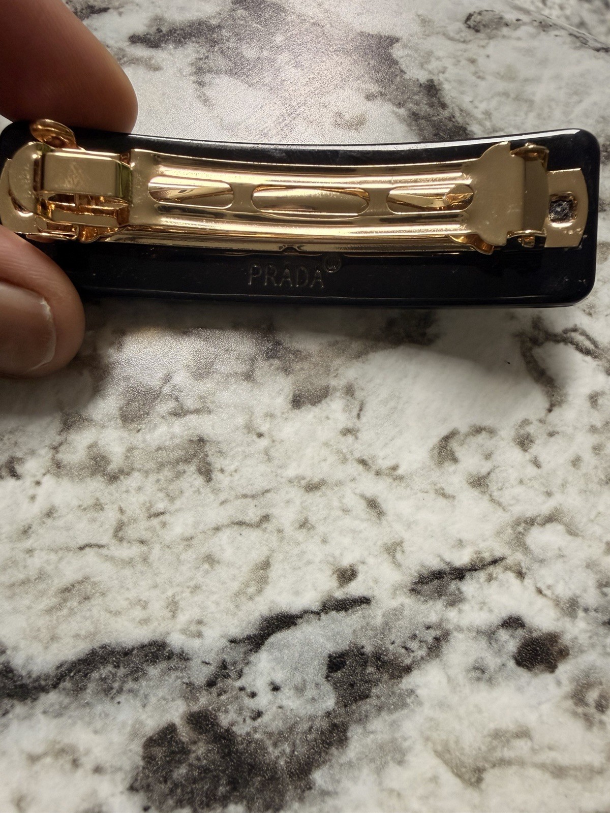 PRADA Floral Logo Barrette Hair Clip Black/Gold Blue Green Plastic Metal