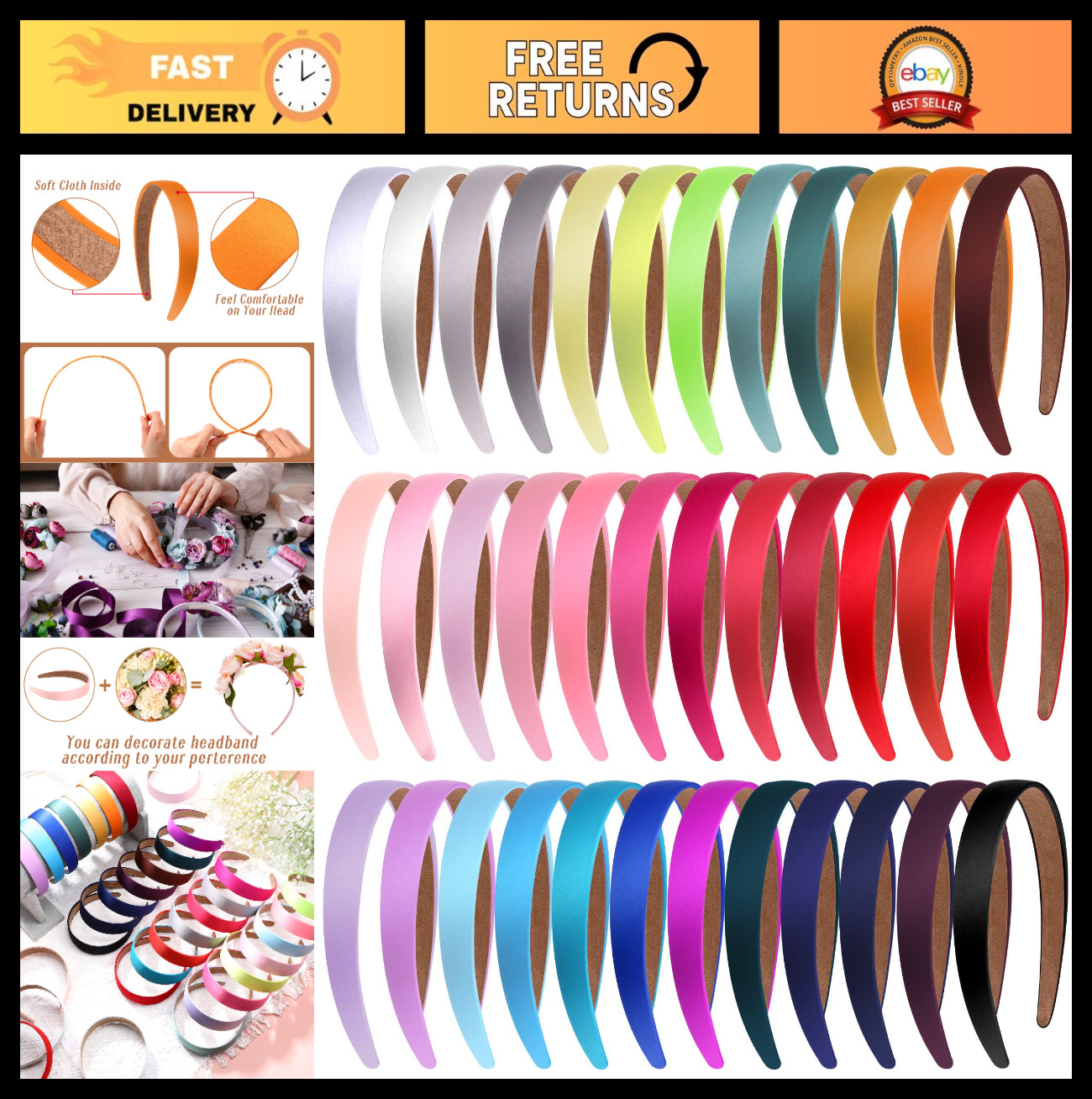 36 Pcs Satin Hard Headbands – Non-Slip DIY Hair Accessories for Women, 1.2 Inch