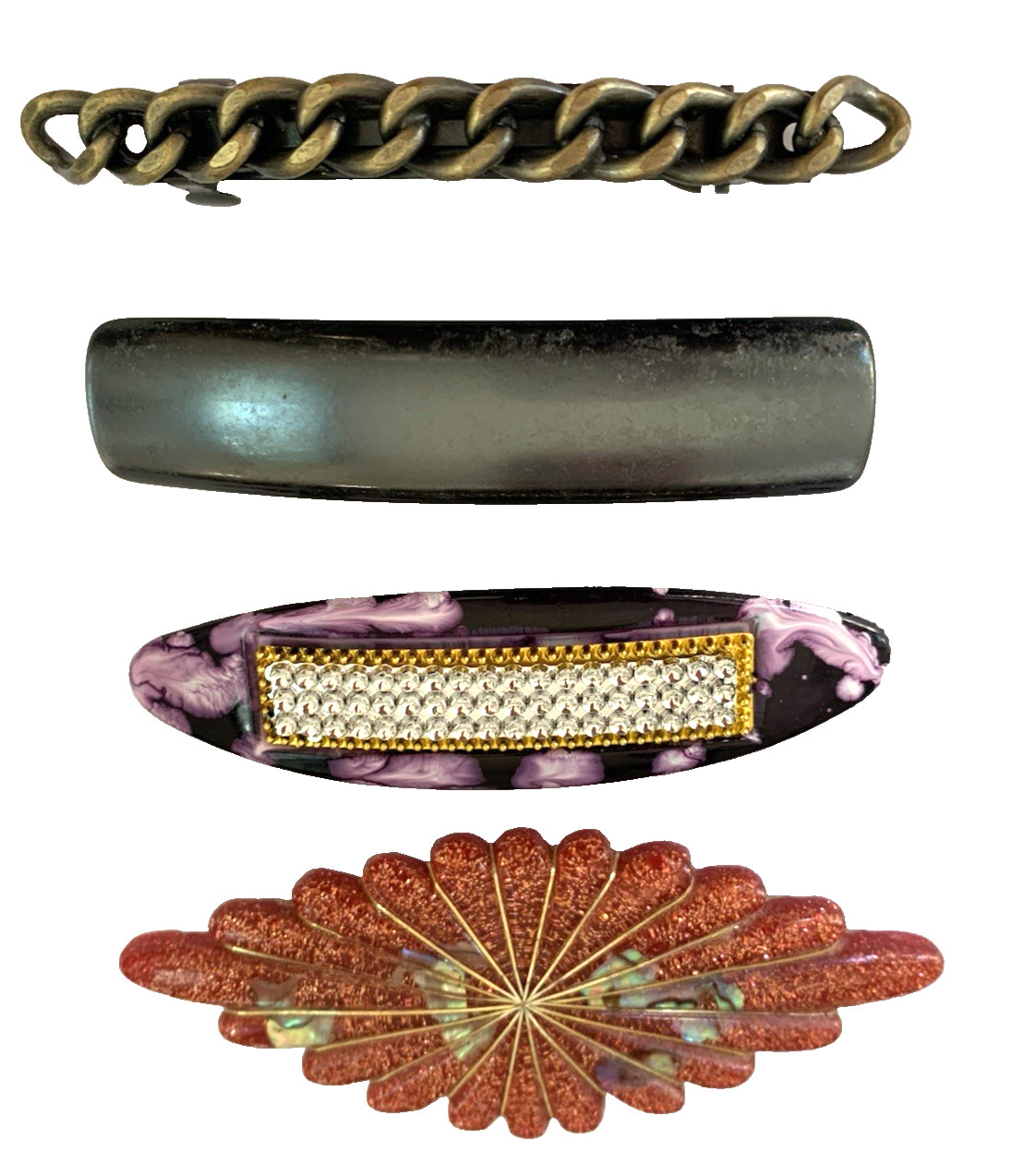 Hair Barrette Spring Clip Bar Lot-4 Vtg Goody 3.75″ Metal Chain Acrylic Glitter