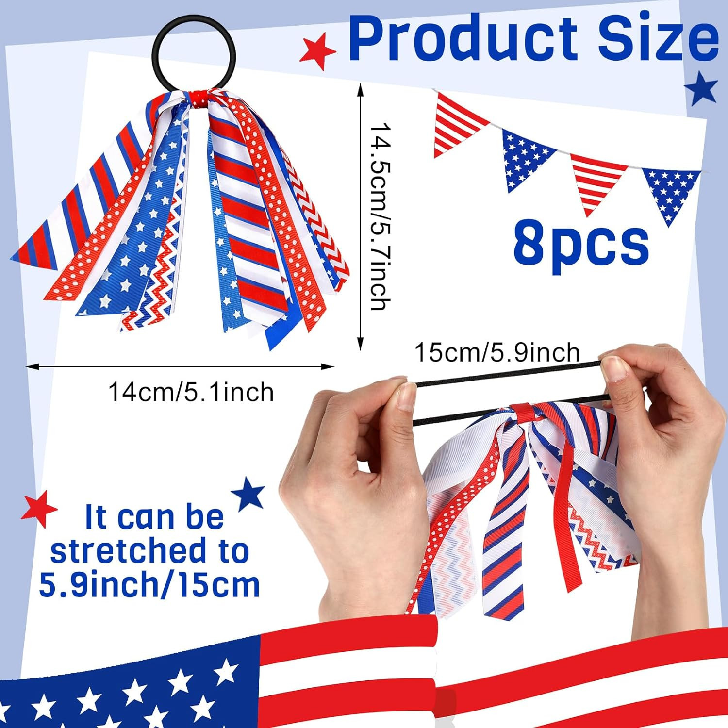 8 Pcs Patriotic Fourth of July Hair Accessories Red White and Blue USA Ponytail