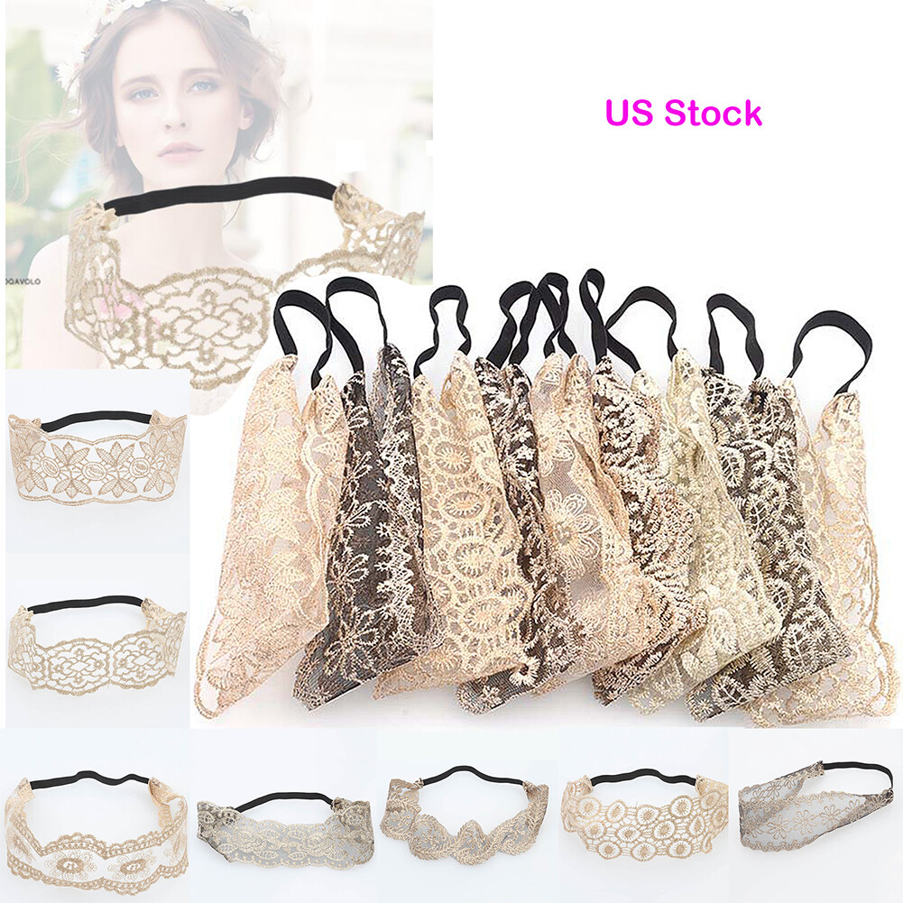 US 7~14Pcs Women Lace Headband Stretch Hairband Elegant Wide Headwrap Turban