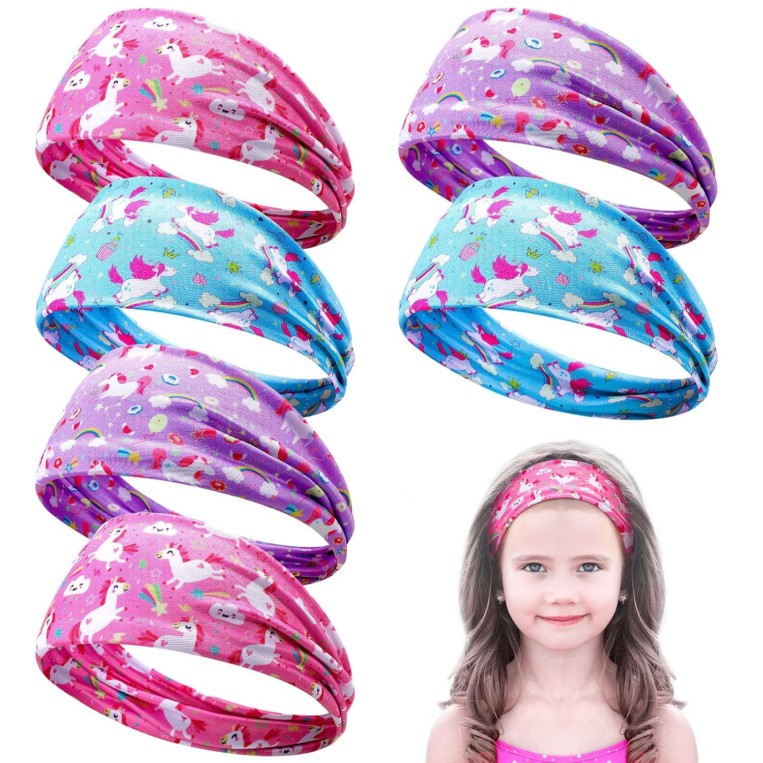 6 Pcs Unicorn Headbands for Girls Cute Elastic Bandeau Adjustable Wide Rainbow H