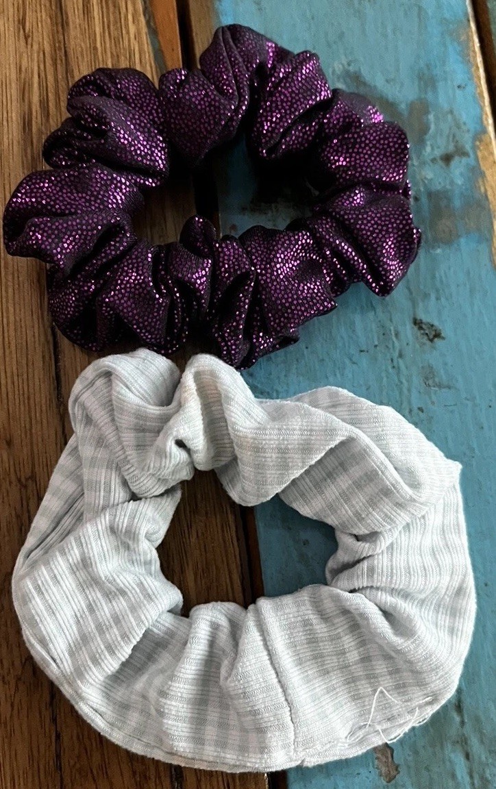 Vintage Large Ponytail Holder Scrunchie Shiny Purple & White Checkered Lot of 2