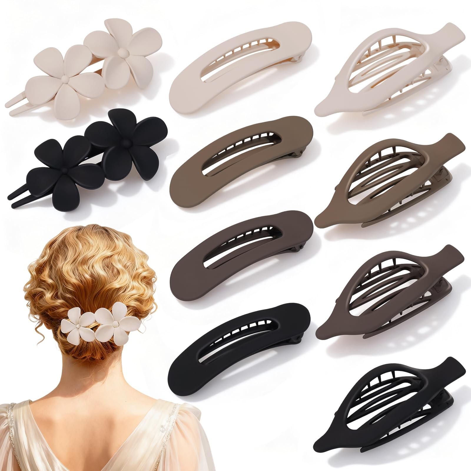 10 Pcs Flat Hair Clips for Women, 3 Styles Matte No Bump Claw Multicolor