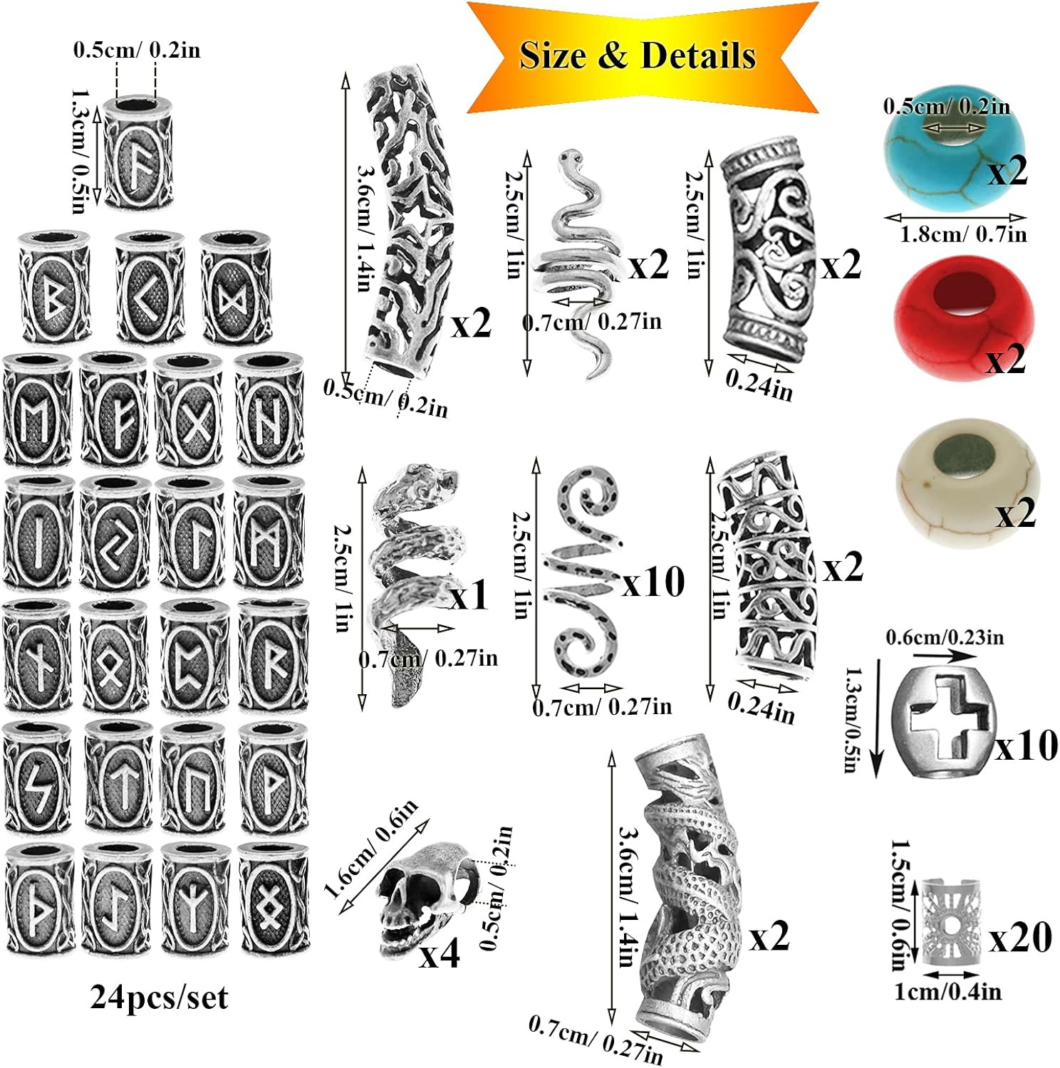 85Pcs Viking Norse Rune Beard Beads Ring Hair Braids Dreadlock Dreads Skull Snak