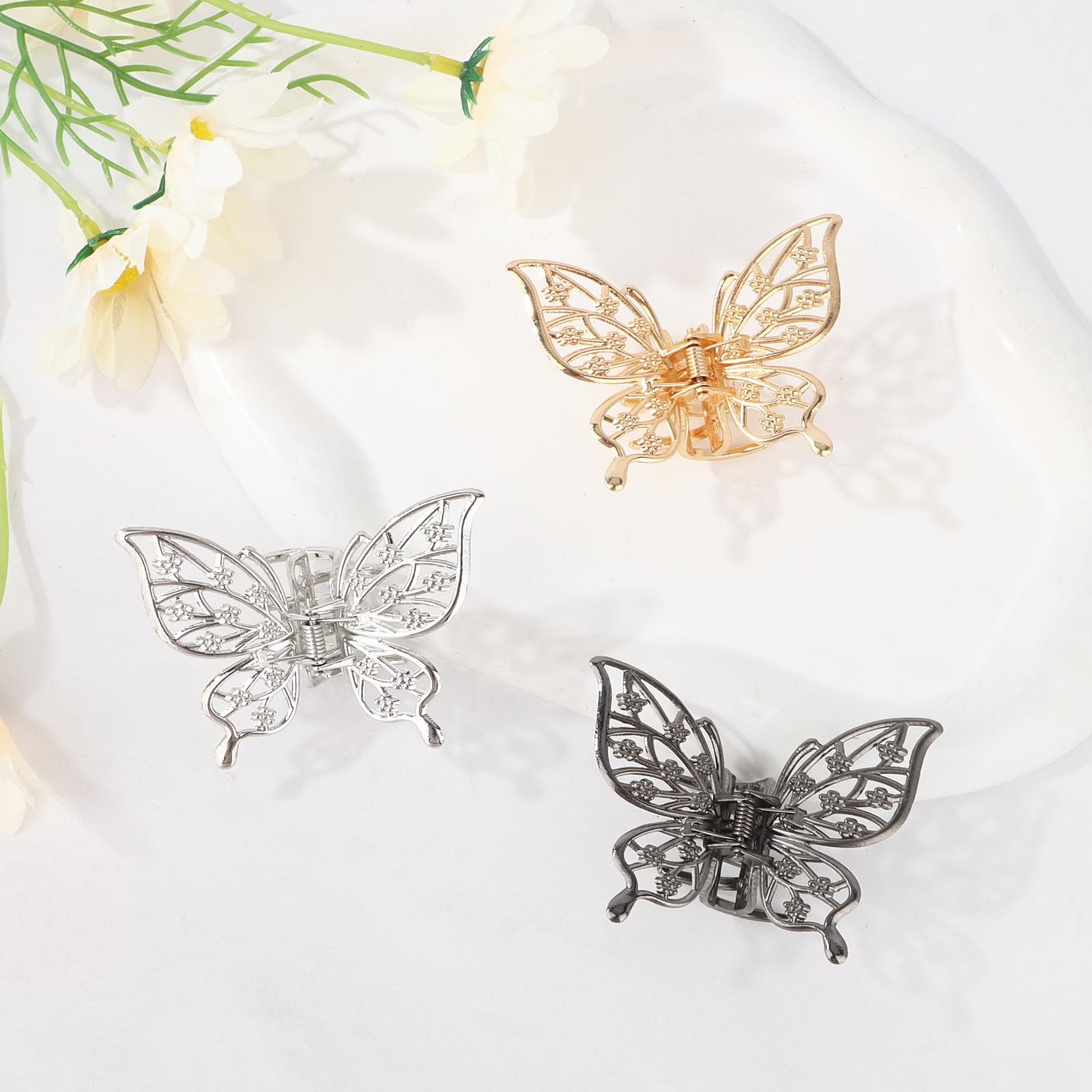 Esitrormi 3PCS Butterfly Hair Clips 1 Count (Pack of 3), gold black silver