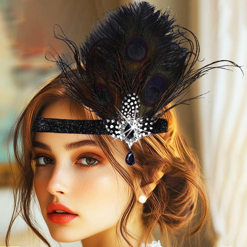 1 PC 1920s Black Feather Headband Fascinator Flapper Headpiece Party Prom Hair