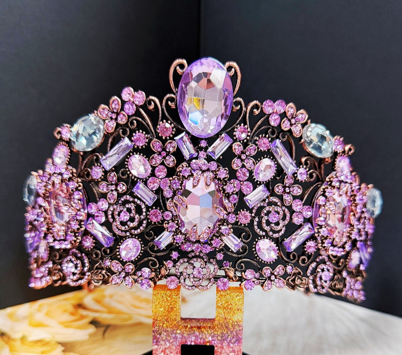 Vintage Handmade Crown, Lavender Crystal Crown, Victorian Tiara, Copper Crown