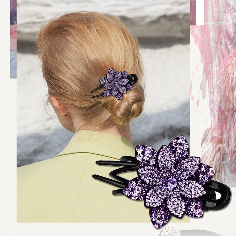 6 Pack Rhinestone Double Flower Hair Clip for Women Girls, Crystal Duckbill C…