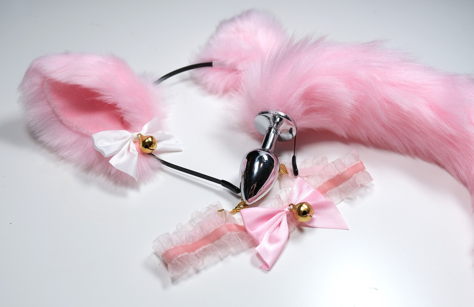 Black Pink White Cute Ear With Bell Bows Cat Ears BDSM Pet Play Set Cosplay