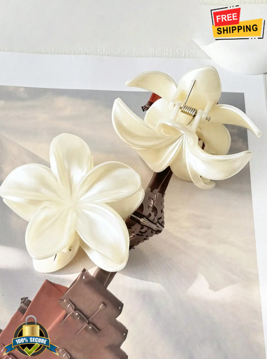 2Pcs White Flower Hair Clips Shark Claw Beach Vacation Women Hair Accessories