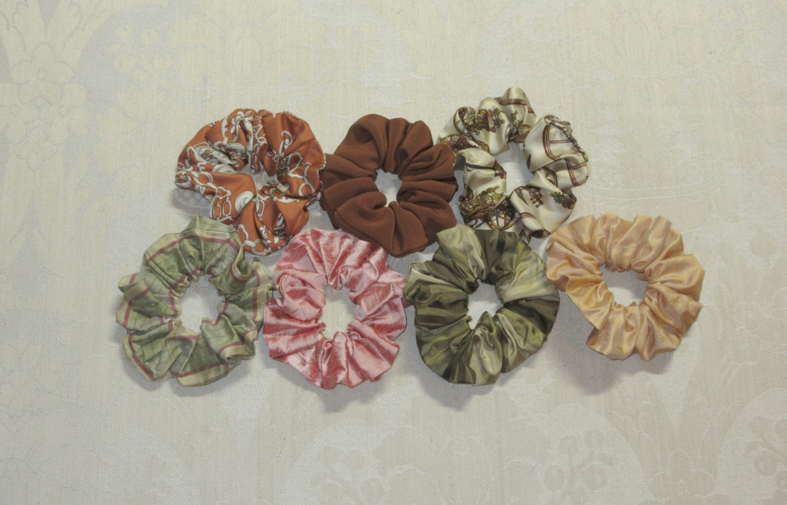 Handmade Boho Multicolor Silk Scarf Scrunchie Lot 7pc Green Pink Brown