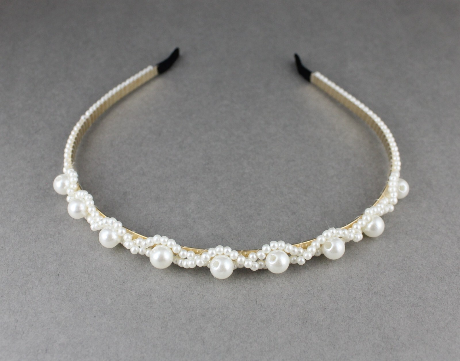 Cream Off-White faux pearl beaded headband thin skinny narrow bridal wedding