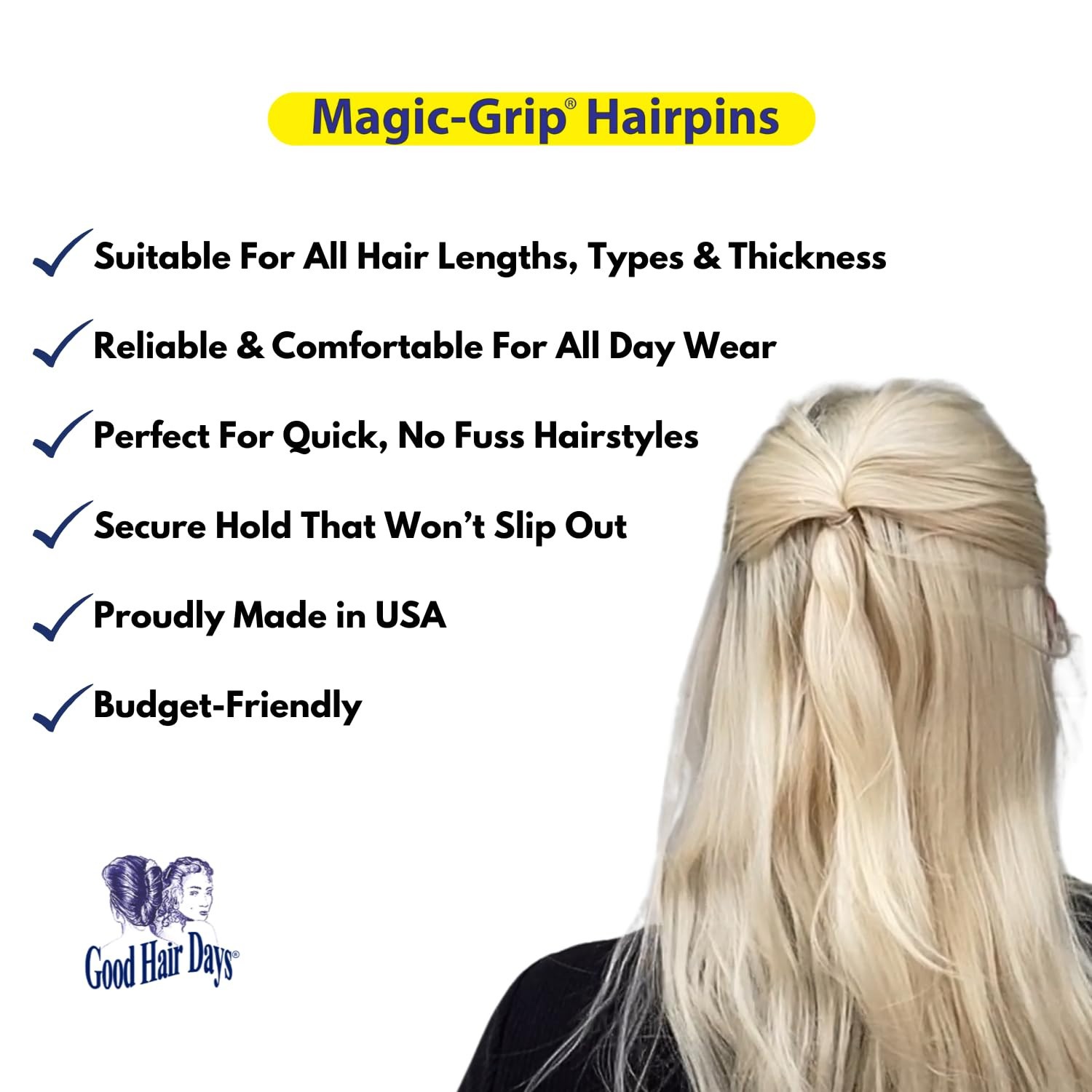 Good Hair Days Magic-Grip Hairpins 2.5″ U-Shaped – Strong Hold for All Hair Type