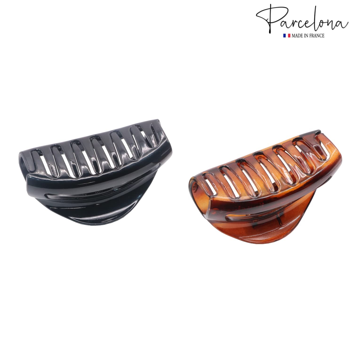 Parcelona French Crescent Cutout Shell Brown and Glossy Black Small 2 3/4″ Cellu