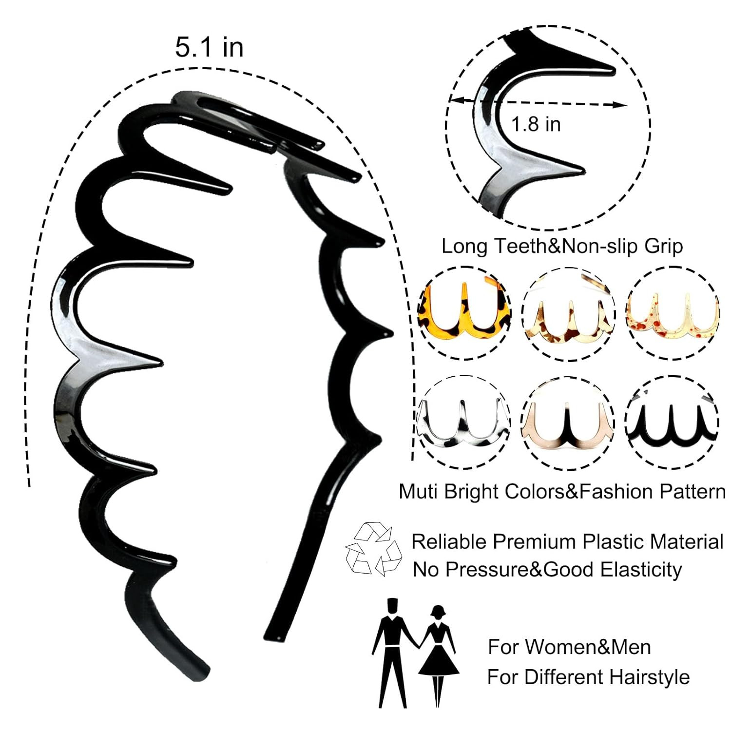 6 PCS Zig Zag Headbands Plastic Wavy Hair Head Band Comb with Teeth Hoop Accesso