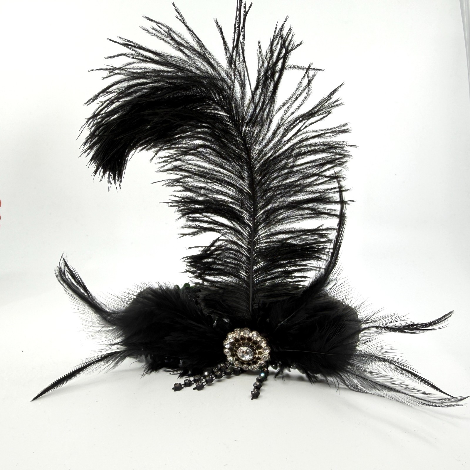 Black Sequin Flapper Headband Gatsby Style Feather Rhinestone Hair Accessory