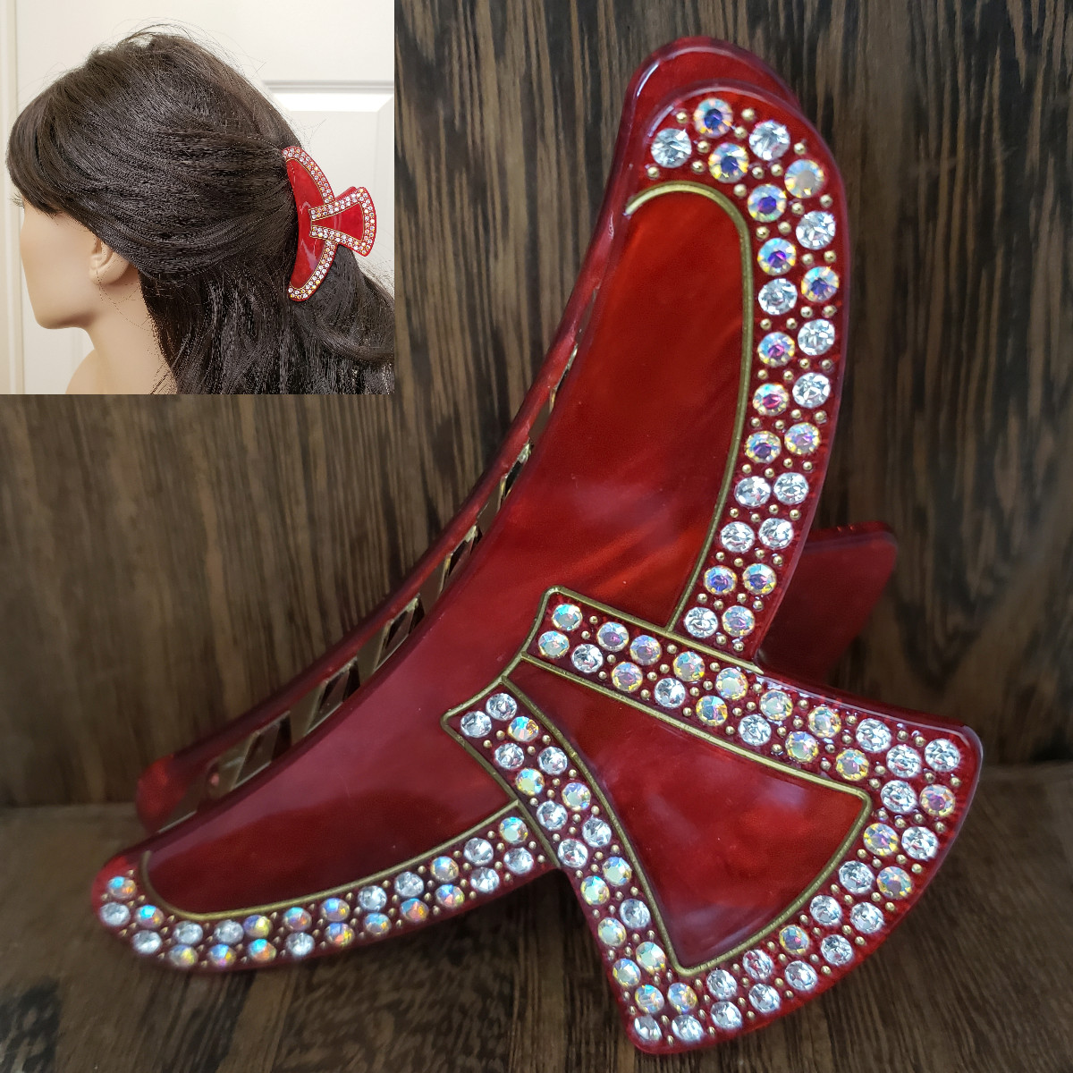 Acrylic AB Rhinestone Metal Hair Claw Red