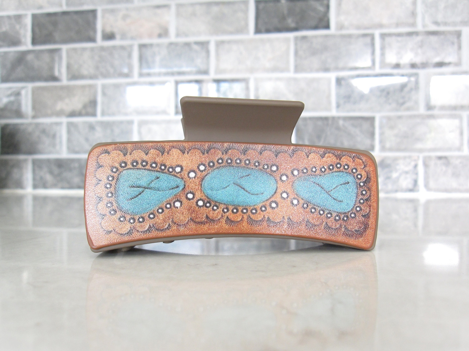 Long brown faux leather effect turquoise blue native tribal hair claw clip