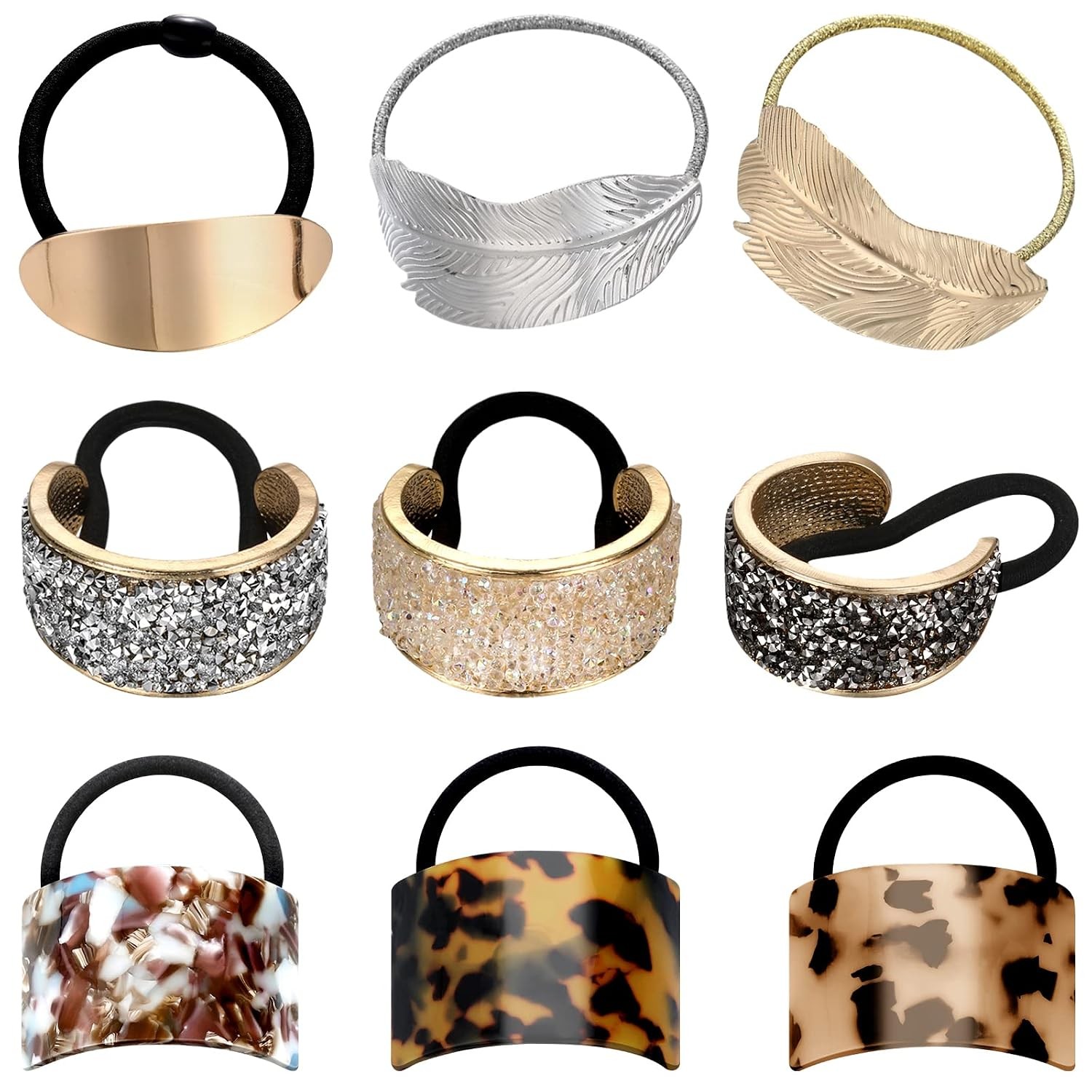 9 Pcs Ponytail Cuff Metal Rhinestone, Gold Tortoise Elastic Hair Holder