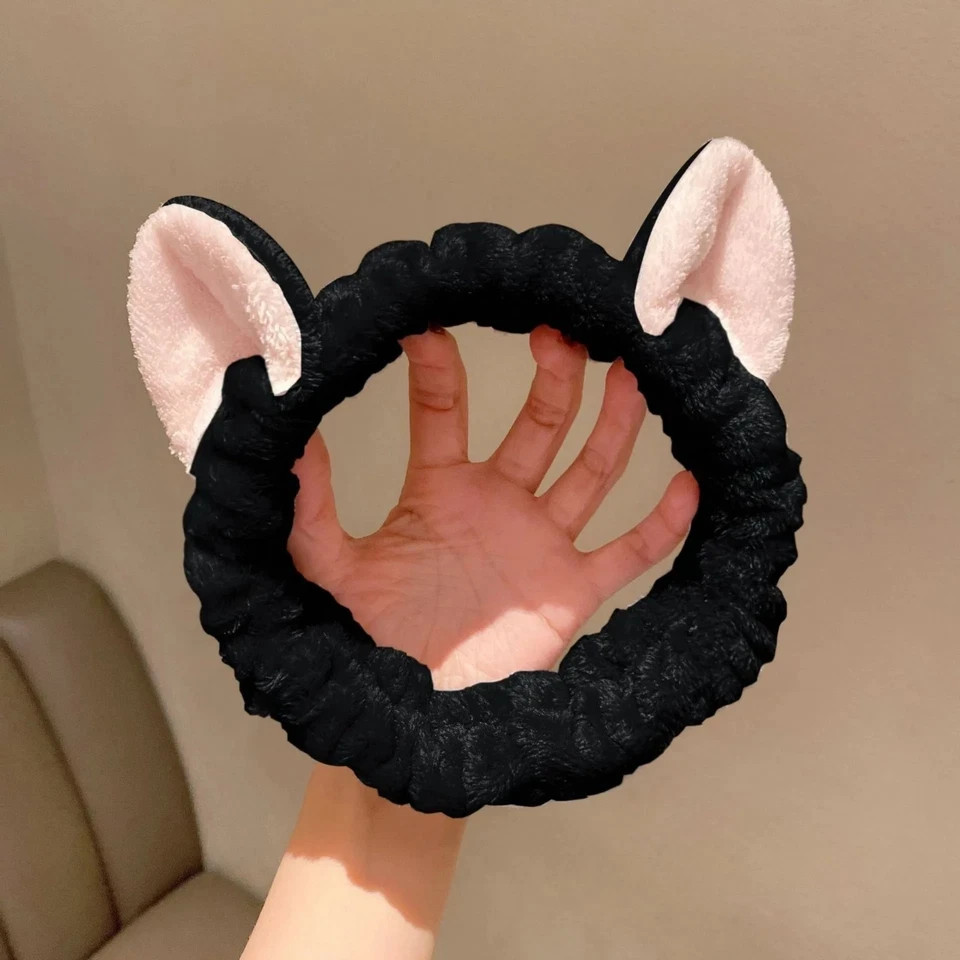 Cute Cat Ear Coral Plush Headband Soft Bow Hair Band Makeup Spa Face Wash