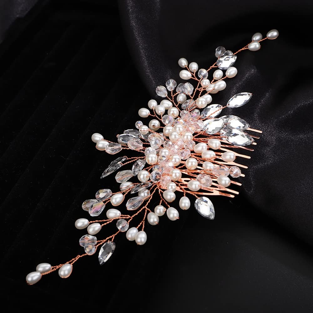 Rose Gold Crystal Bridal Hair Comb Wedding Pearls Rhinestones Headpiece