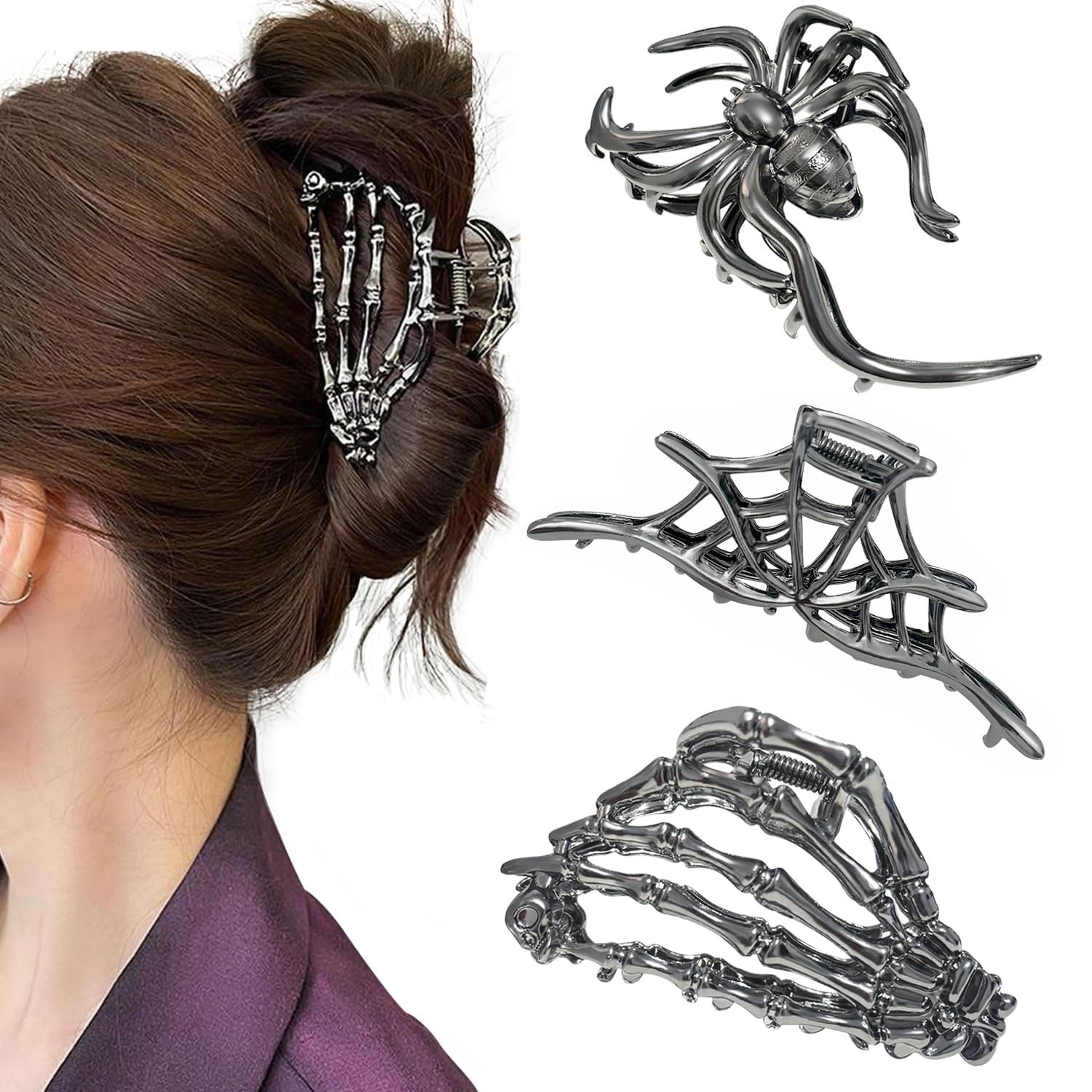 3 PCS Halloween Hair Claw Clips Spider Hand Skeleton Design Black Gun