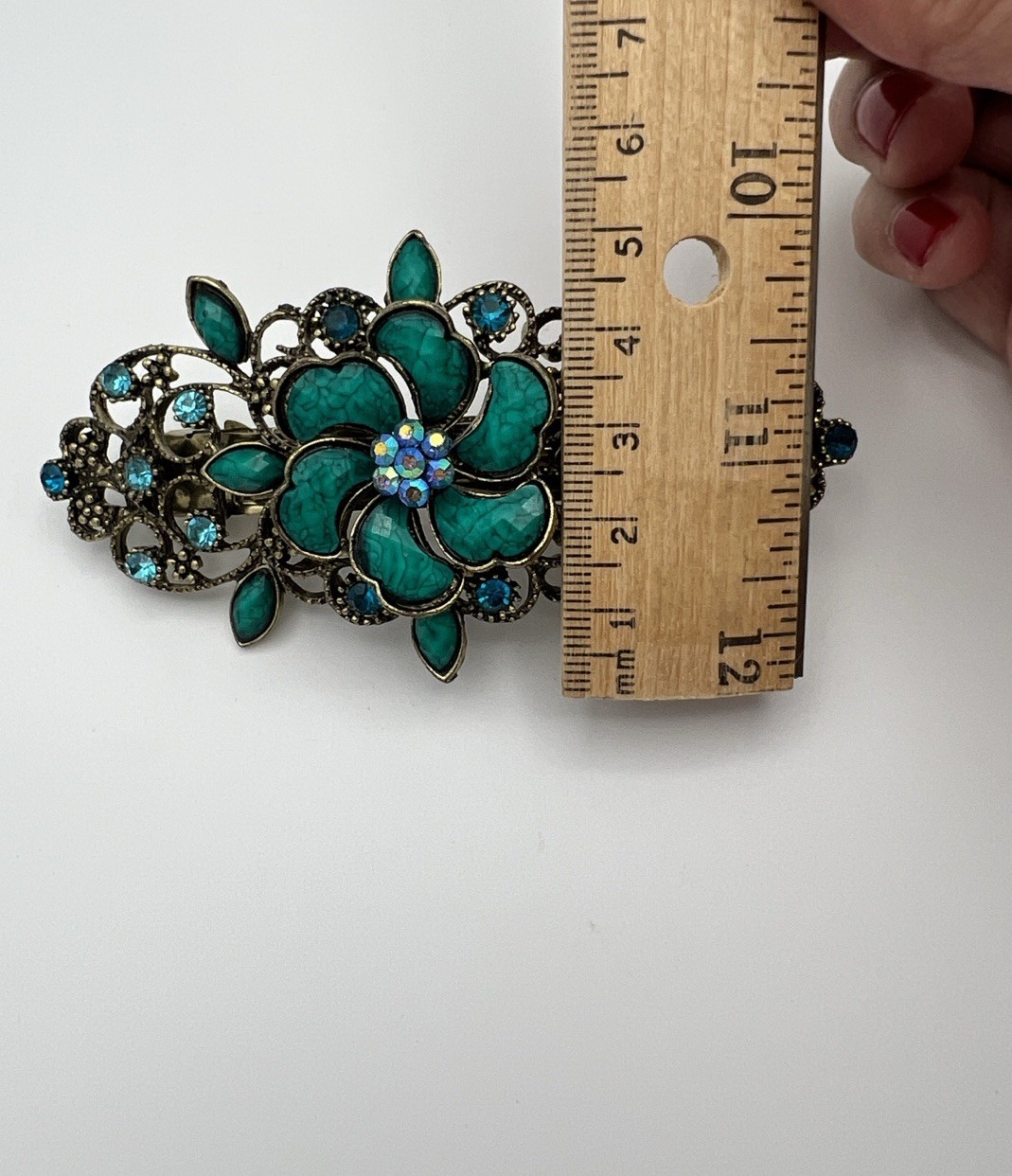 Vintage Silver Tone Green & Blue Rinestone Flower Hair Clip Barrette Faux Gems