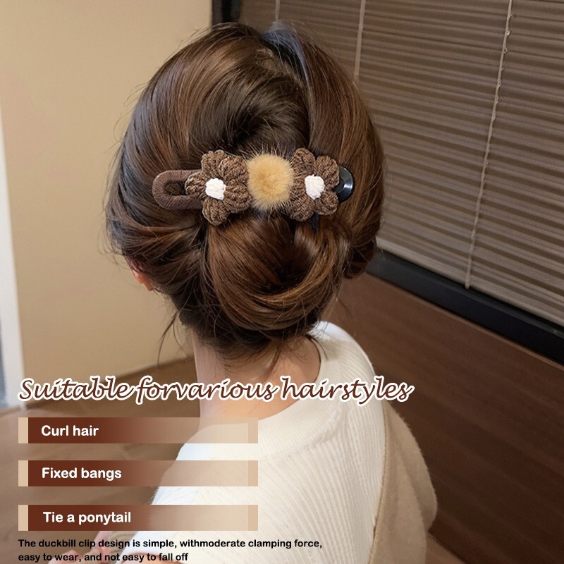 2 hair clips with plush flowers – dark coffee color (11.5 cm), duck beak clip