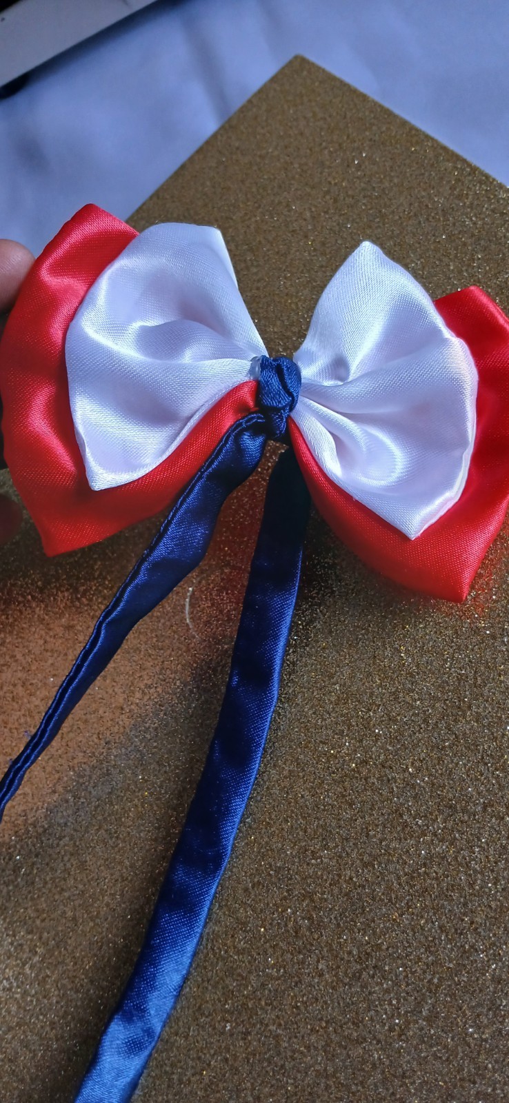 Set of 2 Red & White Satin Bow Hair Clip Barrettes w/ Long Blue Ribbon Tails