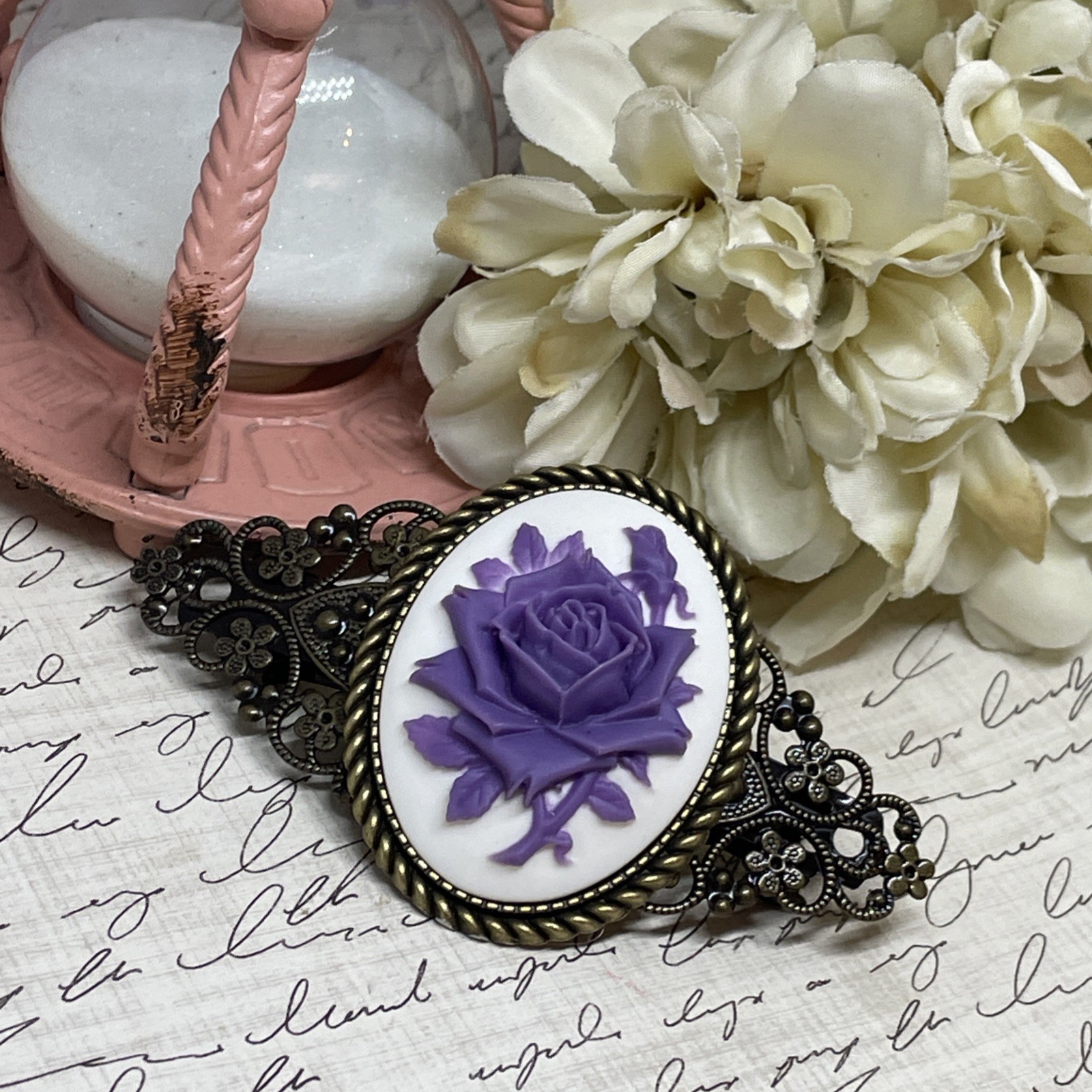 Purple White Rose Cameo Flower Anniversary Wedding Pin Hair Clip Jewelry Comb