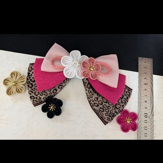 Leopard Pattern Hair Ornament Pink Ribbon Clip Twin Tails Used