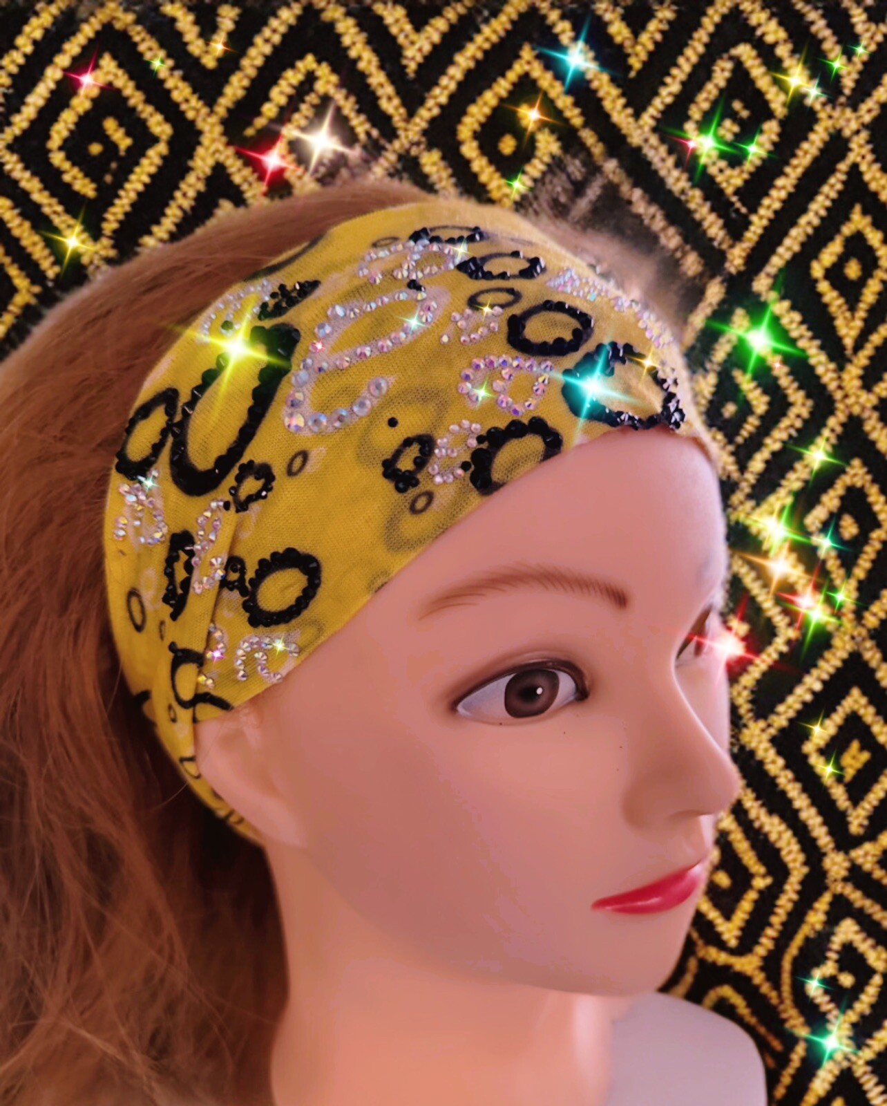 Beautiful Black & Yellow Rhinestone Boho Stretch Headband, Handmade
